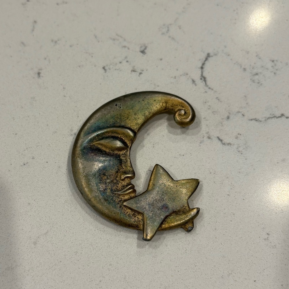 Antique Crescent Moon and Star Brooch Pin